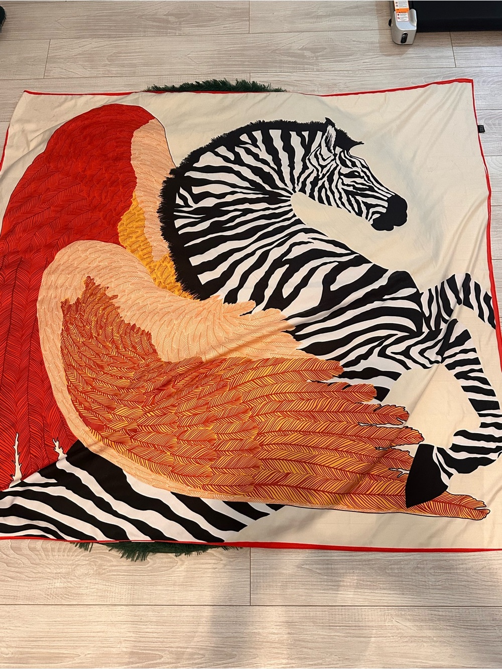 Cream Zebra Print Scarf with Red and Orange Feather Design 100% Silk